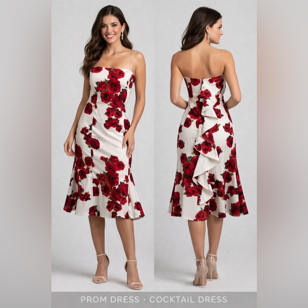 Social Code Strapless Rose Print Ruffle Dress Size 13 Romantic